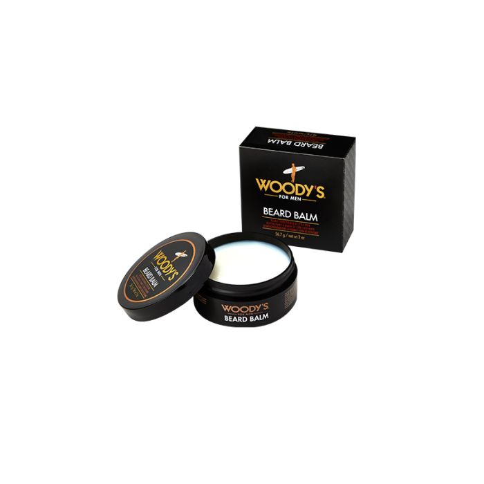 Woody's Beard Balm with jar and packaging, delivering nourishment and control for beards.
