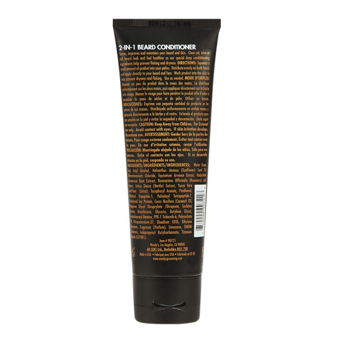 Woody's for Men 2-in-1 Beard Conditioner (Back View) showcases ingredient list and directions for beard care.