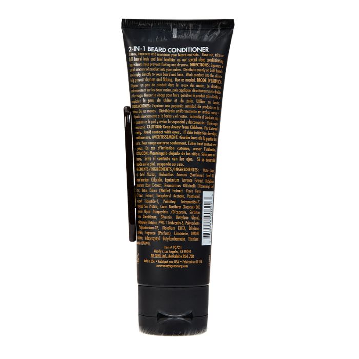 Woody's for Men 2-in-1 Beard Conditioner (Back) displays product details, ingredients, and usage instructions.
