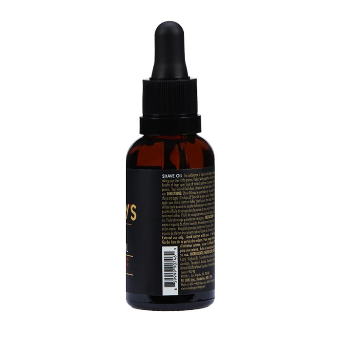 Woody's for Men Shave Oil (Side View) with ingredient list and directions for a smooth shaving experience.