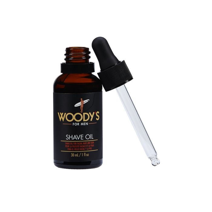 Woody's for Men Shave Oil (Open) features a dropper bottle for easy application of nourishing shave oil.