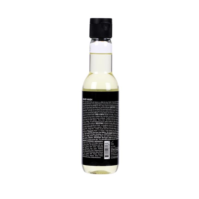 Woody's For Men Beard Wash Back Label showing ingredients and usage instructions for a deep-cleansing beard care routine.