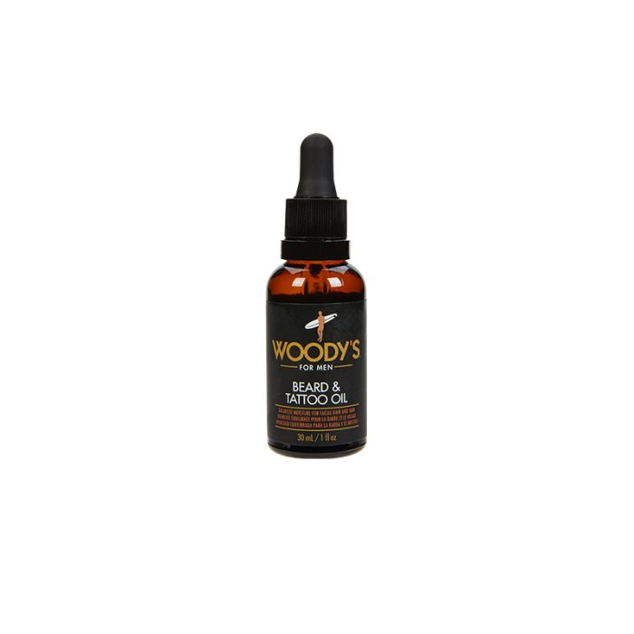 Woody’s Beard & Tattoo Oil Bottle with a dropper applicator for deep hydration and nourishment.