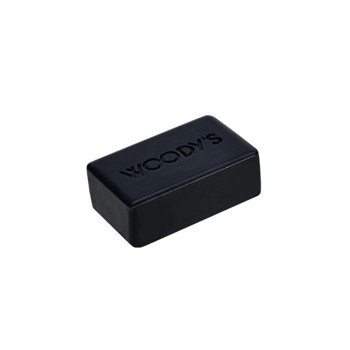 Woody's for Men Activated Charcoal Bar Soap (Angled) deep-cleansing bar with detoxifying properties for healthy skin.