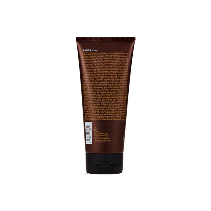 Woody's for Men Shave Butter (Back) shows product details, ingredients, and benefits for a smooth shaving experience.