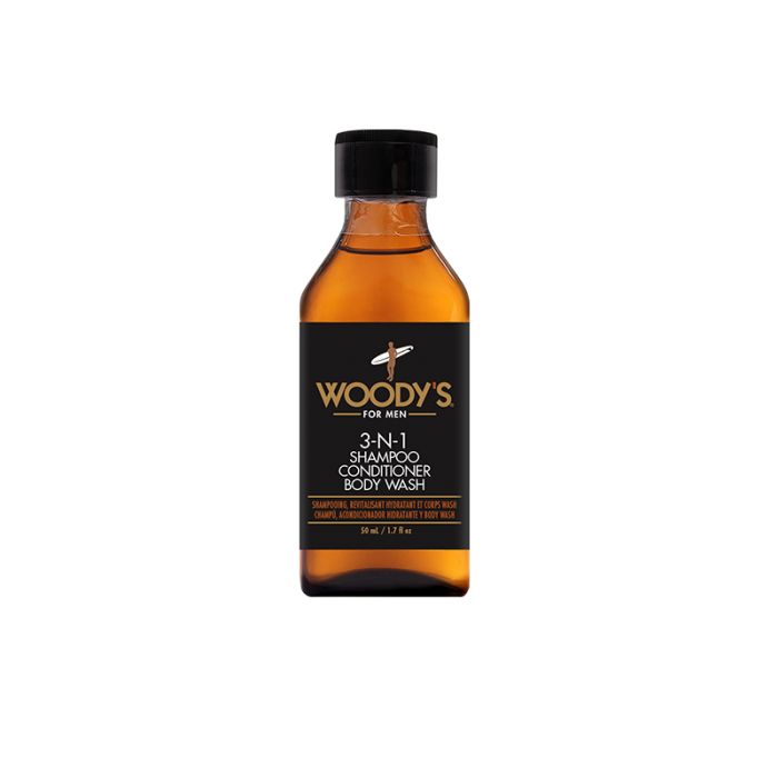 Woody's 3-in-1 Shampoo, Conditioner & Body Wash Travel Size for cleansing, conditioning, and hydrating hair and skin.