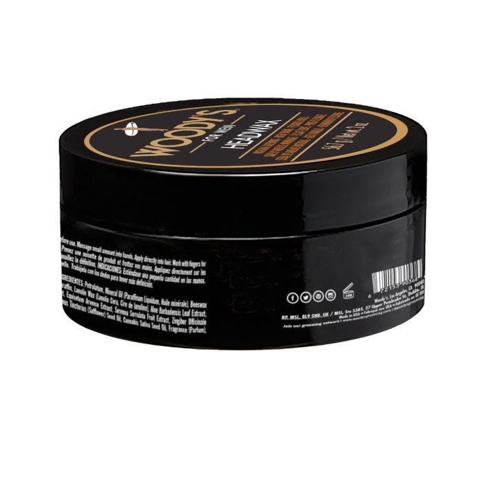 Woody's Headwax Side View of Black Tin with a professional styling formula, ideal for taming and shaping hair with ease.